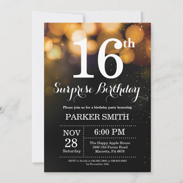 Surprise 16th Birthday Invitation Gold Glitter (Front)