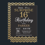 Surprise 16th Birthday Invitation Gold Glitter<br><div class="desc">Surprise 16th Birthday Invitation with Gold Glitter Chevron. Chalkboard. Black and Gold Glitter. Kids Birthday. Boy or Girl Bday Invite. For further customisation,  please click the "Customise it" button and use our design tool to modify this template.</div>