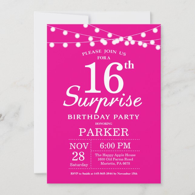 Surprise 16th Birthday Invitation Hot Pink (Front)