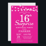 Surprise 16th Birthday Invitation Hot Pink<br><div class="desc">Surprise 16th Birthday Invitation with String Lights. Hot Pink Background. Kids Birthday. Girl Female Lady Elegant Modern bday. 13th 15th 16th 18th 20th 21st 30th 40th 50th 60th 70th 80th 90th 100th, Any age. For further customisation, please click the "Customise it" button and use our design tool to modify this...</div>