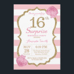 Surprise 16th Birthday Invitation Pink and Gold<br><div class="desc">Surprise 16th Birthday Invitation. Pink and Gold. Gold Glitter. Pink and White Stripes. Pink Floral Flower. Kids Birthday. Girl Lady Teen Teenage Birthday Party. For further customisation,  please click the "Customise it" button and use our design tool to modify this template.</div>