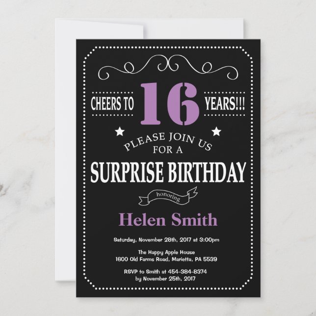 Surprise 16th Birthday Invitation Purple and Black (Front)