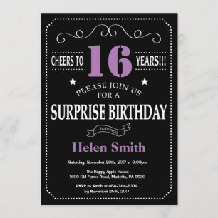 Surprise 16th Birthday Invitation Purple and Black