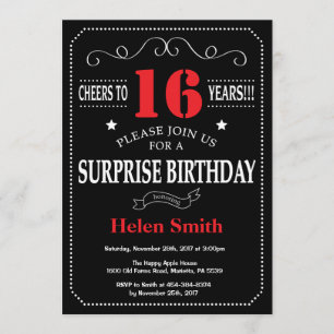 Surprise 16th Birthday Invitation Red and Black