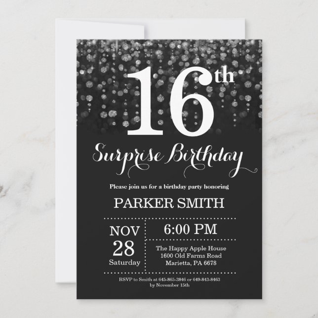 Surprise 16th Birthday Invitation Silver Glitter (Front)
