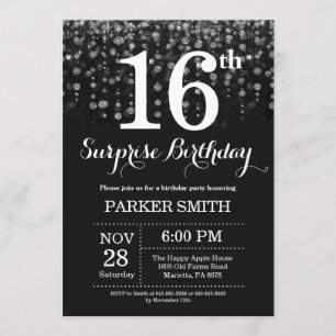 Surprise 16th Birthday Invitation Silver Glitter