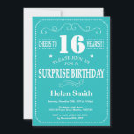 Surprise 16th Birthday Invitation Teal and White<br><div class="desc">Surprise 16th Birthday Invitation Teal and White Typography. Teal Background. Kids Birthday. Male Men or Women Birthday. Kids Boy or Girl Lady Teen Teenage Bday Invite. 13th 15th 16th 18th 20th 21st 30th 40th 50th 60th 70th 80th 90th 100th. Any Age. For further customisation, please click the "Customise it" button...</div>
