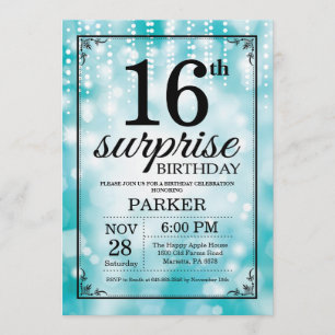 Surprise 16th Birthday Invitation Teal Glitter