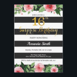 Surprise 16th Birthday Invitation Teen Floral<br><div class="desc">Surprise 16th Birthday Invitation for Teen Girl Lady. Black and Gold Birthday Party Invite. Gold Glitter. Pink Watercolor Floral Flower. Black and White Stripes. Printable Digital. For further customisation,  please click the "Customise it" button and use our design tool to modify this template.</div>