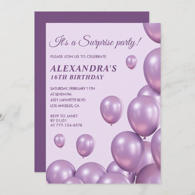 Surprise 16th birthday invitations Balloons Modern (Front/Back)