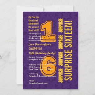 SURPRISE 16th Birthday Modern PURPLE GOLD W526E Invitation