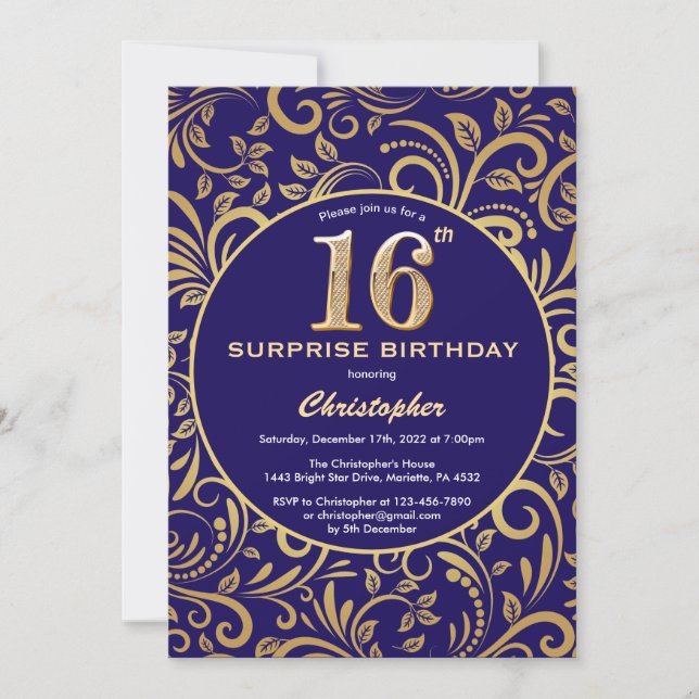 Surprise 16th Birthday Navy Blue and Gold Floral Invitation (Front)