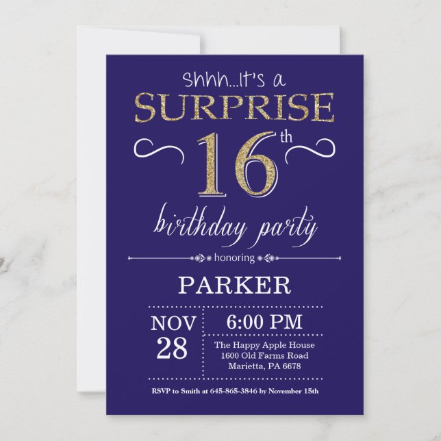 Surprise 16th Birthday Navy Blue and Gold Glitter Invitation (Front)