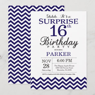 Surprise 16th Birthday Navy Blue Chevron Invitation