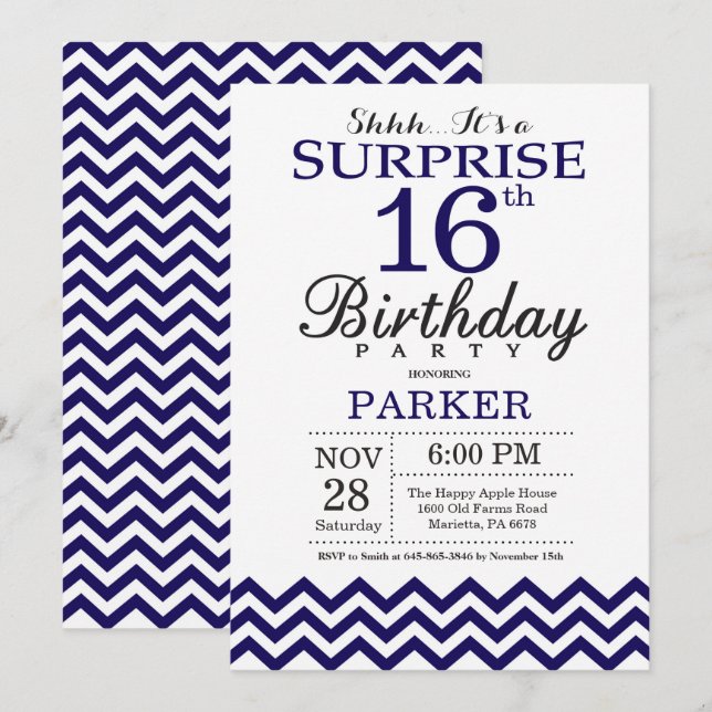 Surprise 16th Birthday Navy Blue Chevron Invitation (Front/Back)