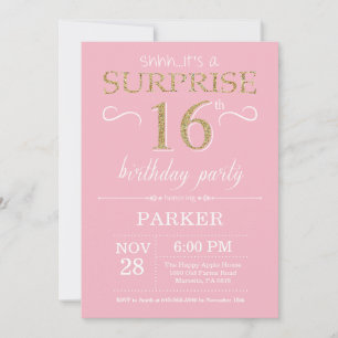 Surprise 16th Birthday Pink and Gold Glitter Invitation