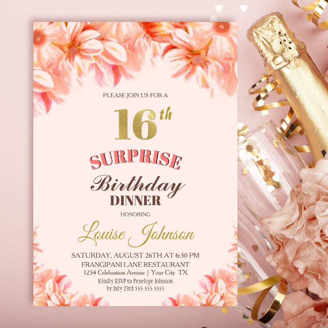 Surprise 16th Birthday Pink Gold Floral Dinner Invitation (Creator Uploaded)