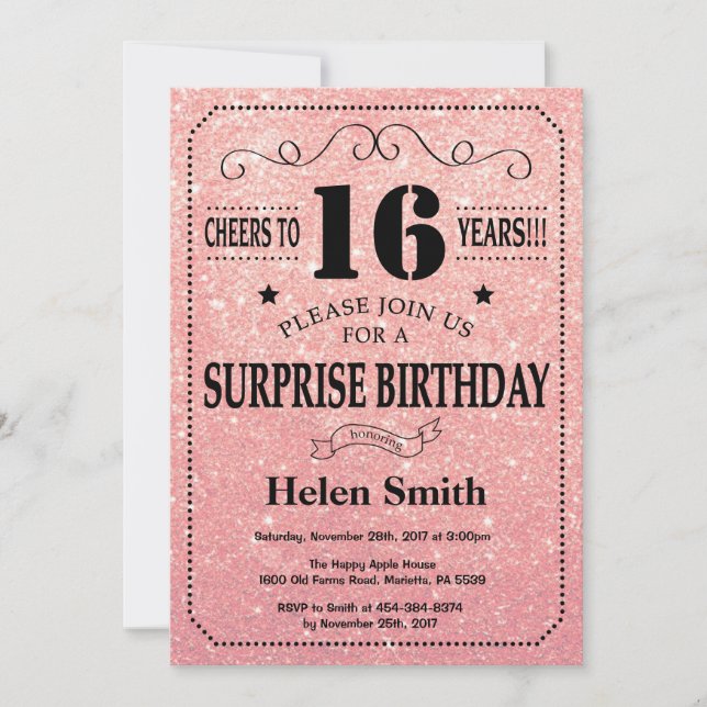 Surprise 16th Birthday Pink Rose Gold Glitter Invitation (Front)