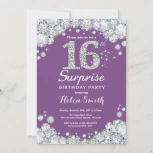 Surprise 16th Birthday Purple and Silver Diamond Invitation