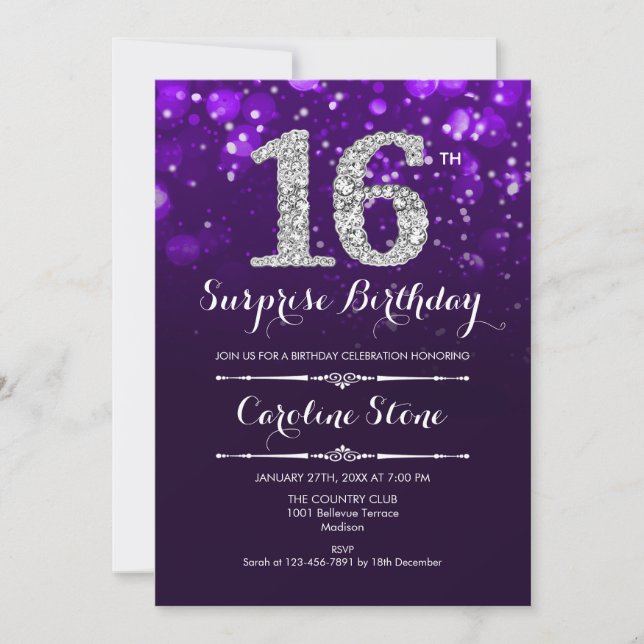 Surprise 16th Birthday - Purple Silver Invitation (Front)