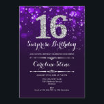 Surprise 16th Birthday - Purple Silver Invitation<br><div class="desc">Surprise 16th Birthday Invitation.
Elegant purple design with faux glitter silver. Adult birthday. Features diamonds,  bokeh lights and script font. Men or women bday invite.  Perfect for a stylish birthday party. Message me if you need further customisation.</div>