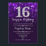 Surprise 16th Birthday - Purple Silver Invitation<br><div class="desc">Surprise 16th Birthday Invitation.
Elegant purple design with faux glitter silver. Adult birthday. Features diamonds,  bokeh lights and script font. Men or women bday invite.  Perfect for a stylish birthday party. Message me if you need further customisation.</div>