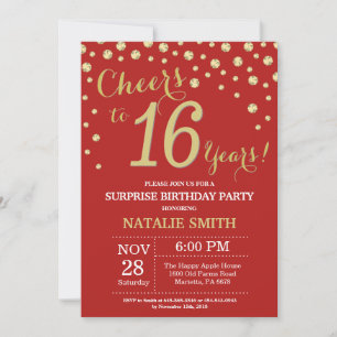 Surprise 16th Birthday Red and Gold Diamond Invitation