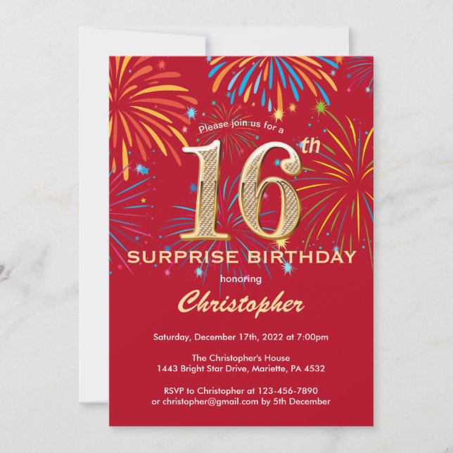 Surprise 16th Birthday Red & Gold Rainbow Firework Invitation (Front)