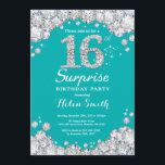 Surprise 16th Birthday Teal and Silver Diamond Invitation<br><div class="desc">Surprise 16th Birthday Invitation. Teal and Silver Rhinestone Diamond Teal Turquoise Aqua Background. Elegant Birthday Bash invite. Adult Birthday. Women Birthday. Men Birthday. For further customisation,  please click the "Customise it" button and use our design tool to modify this template.</div>