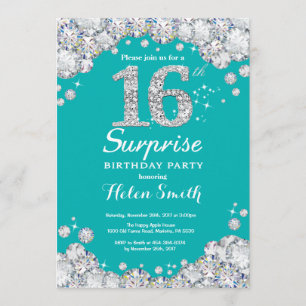 Surprise 16th Birthday Teal and Silver Diamond Invitation