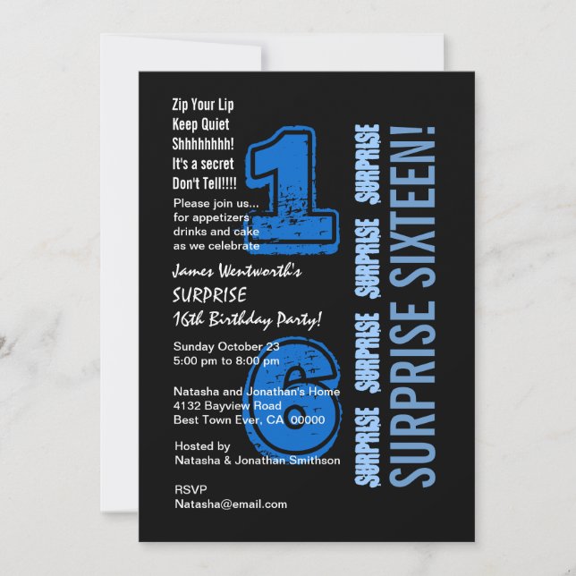 SURPRISE 16th Modern Birthday Blue and Black W523 Invitation (Front)
