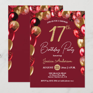 Surprise 17th Birthday Party Gold Burgundy Glitter Invitation