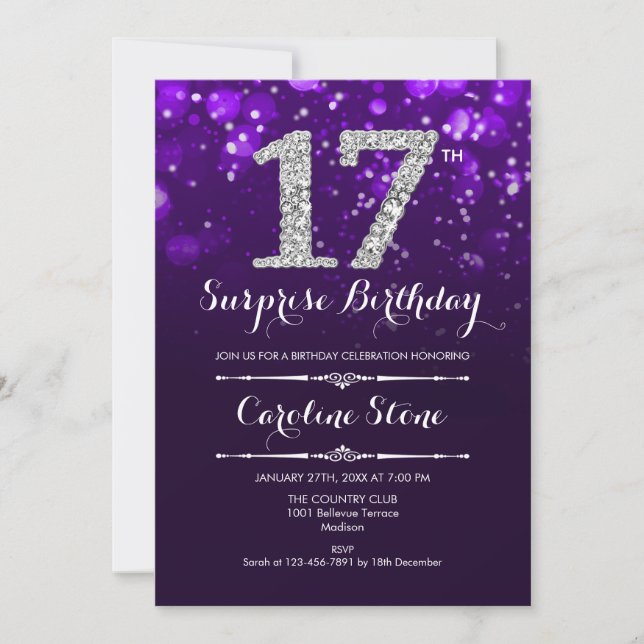 Surprise 17th Birthday - Purple Silver Invitation (Front)