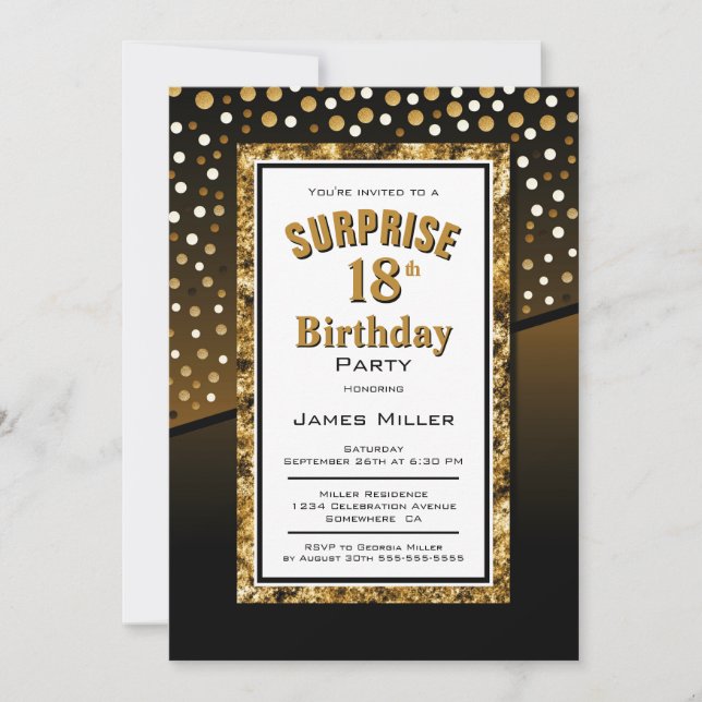 Surprise 18th Birthday Black and Gold Invitation (Front)