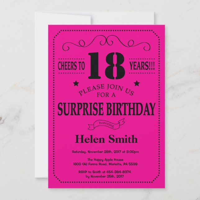 Surprise 18th Birthday Black and Hot Pink Invitation (Front)