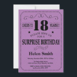 Surprise 18th Birthday Black and Purple Invitation<br><div class="desc">Surprise 18th Birthday Invitation Black and Purple Typography. Black and Purple Lilac Lavender Violet Background. Adult Birthday. Male Men or Women Birthday. Kids Boy or Girl Lady Teen Teenage Bday Invite. 13th 15th 16th 18th 20th 21st 30th 40th 50th 60th 70th 80th 90th 100th. Any Age. For further customisation, please...</div>