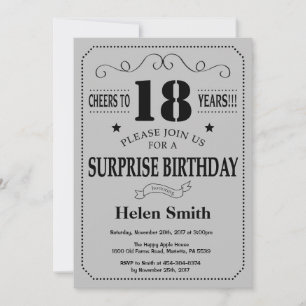 Surprise 18th Birthday Black and Silver Grey Invitation