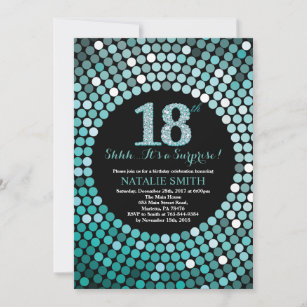 Surprise 18th Birthday Black and Teal Glitter Invitation