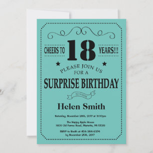 Surprise 18th Birthday Black and Teal Invitation