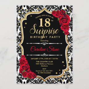 Surprise 18th Birthday - Black Gold Red Invitation