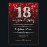 Surprise 18th Birthday - Black Red Silver Invitation<br><div class="desc">Surprise 18th Birthday Invitation.
Elegant black red design with faux glitter silver. Adult birthday. Features diamonds,  bokeh lights and script font. Men or women bday invite.  Perfect for a stylish birthday party. Message me if you need further customization.</div>