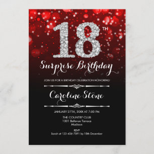 Surprise 18th Birthday - Black Red Silver Invitation