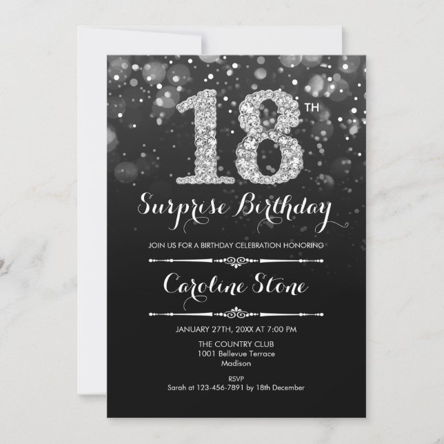 Surprise 18th Birthday - Black Silver Invitation (Front)