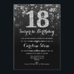 Surprise 18th Birthday - Black Silver Invitation<br><div class="desc">Surprise 18th Birthday Invitation.
Elegant black white design with faux glitter silver. Adult birthday. Features diamonds and script font. men or women bday invite.  Perfect for a stylish birthday party. Message me if you need further customization.</div>