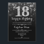 Surprise 18th Birthday - Black Silver Invitation<br><div class="desc">Surprise 18th Birthday Invitation.
Elegant black white design with faux glitter silver. Adult birthday. Features diamonds and script font. men or women bday invite.  Perfect for a stylish birthday party. Message me if you need further customization.</div>