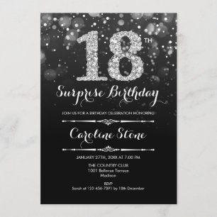 Surprise 18th Birthday - Black Silver Invitation