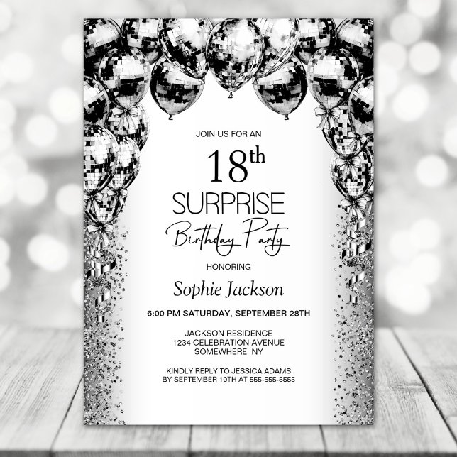 Surprise 18th Birthday Black White Balloons Party Invitation (Creator Uploaded)