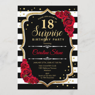 Surprise 18th Birthday - Black White Red Invitation