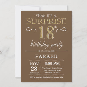 Surprise 18th Birthday Brown and Gold Glitter Invitation