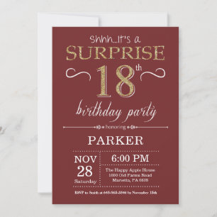 Surprise 18th Birthday Burgundy and Gold Glitter Invitation